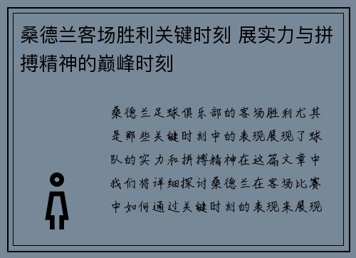 桑德兰客场胜利关键时刻 展实力与拼搏精神的巅峰时刻