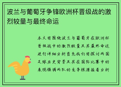 波兰与葡萄牙争锋欧洲杯晋级战的激烈较量与最终命运