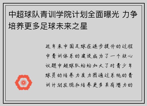 中超球队青训学院计划全面曝光 力争培养更多足球未来之星