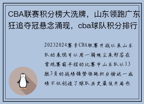 CBA联赛积分榜大洗牌，山东领跑广东狂追夺冠悬念涌现，cba球队积分排行榜_cba积分榜