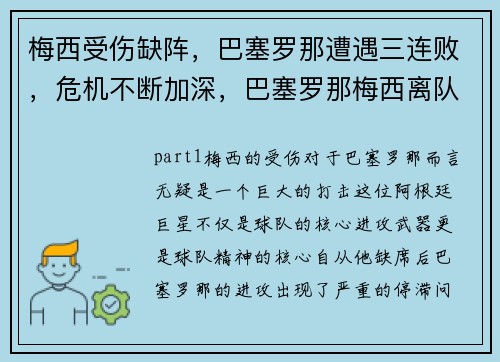 梅西受伤缺阵，巴塞罗那遭遇三连败，危机不断加深，巴塞罗那梅西离队