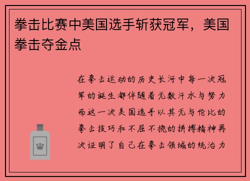 拳击比赛中美国选手斩获冠军，美国拳击夺金点