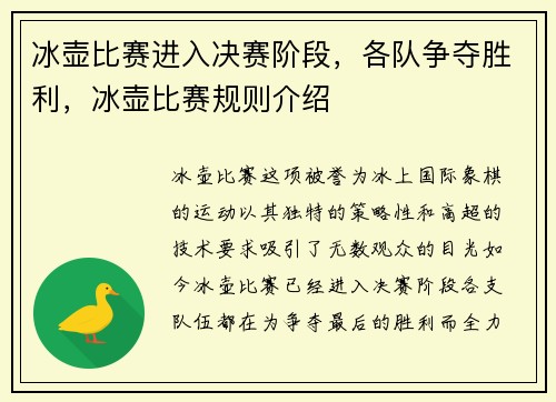 冰壶比赛进入决赛阶段，各队争夺胜利，冰壶比赛规则介绍