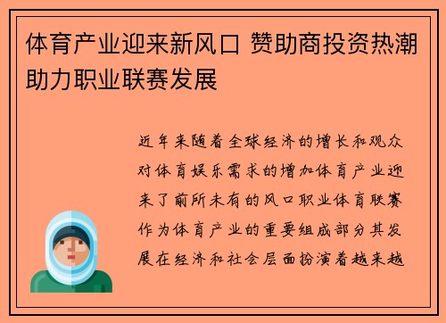 体育产业迎来新风口 赞助商投资热潮助力职业联赛发展