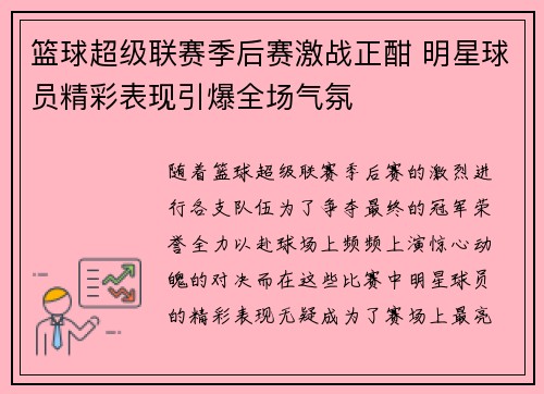 篮球超级联赛季后赛激战正酣 明星球员精彩表现引爆全场气氛
