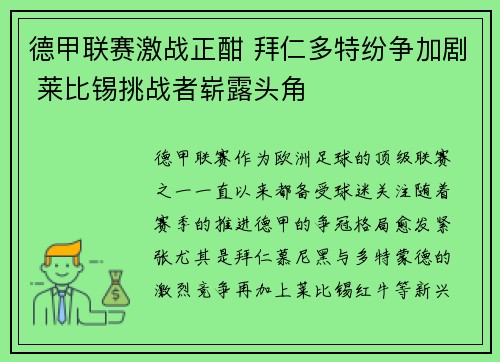 德甲联赛激战正酣 拜仁多特纷争加剧 莱比锡挑战者崭露头角