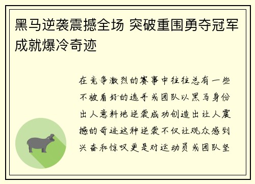 黑马逆袭震撼全场 突破重围勇夺冠军成就爆冷奇迹